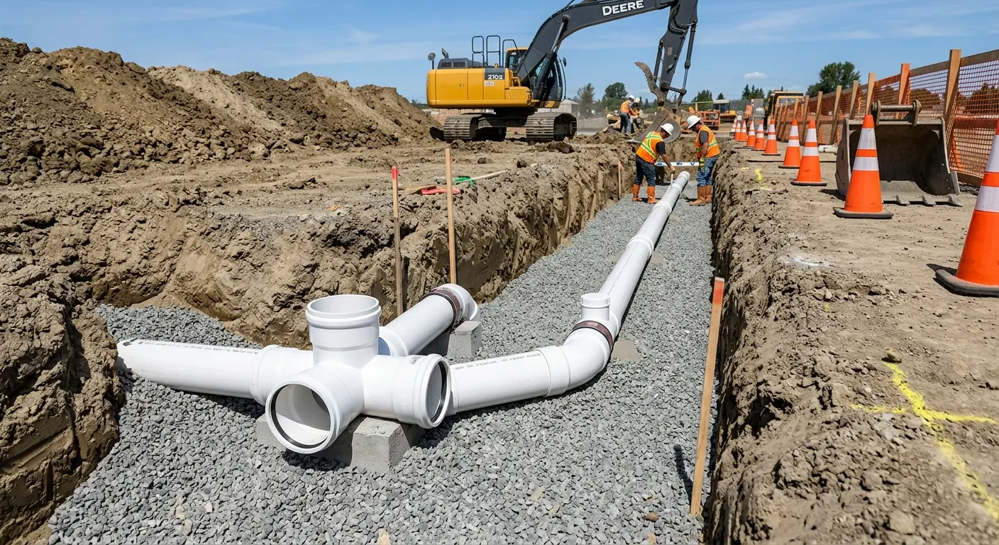New PVC sewer pipe installation in open trench for Commercial Drain Cleaning in Manchester